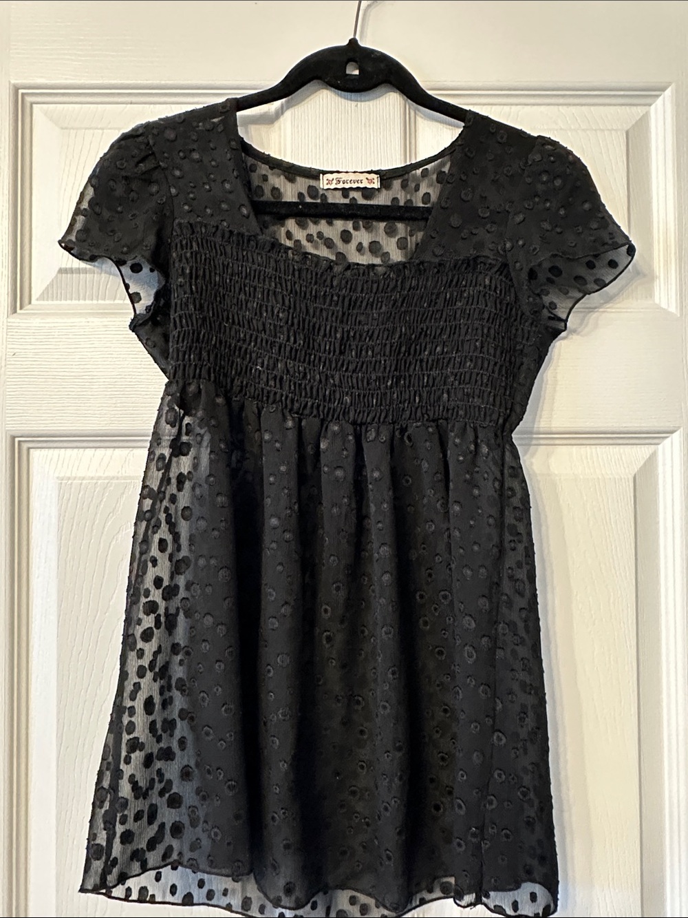 Forever 21 Black Polka Dot Smocked Short Sleeve Top